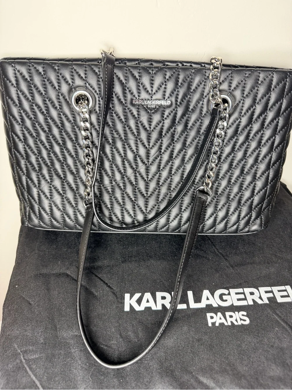 Karl Lagerfeld Black Quilted Tote Silver Chain Straps Paris karolina purse bag - Picture 6 of 8